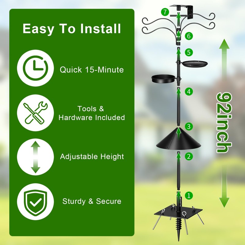 Upgraded Heavy Duty Bird Feeder Pole, 92 Inch Squirrel Proof