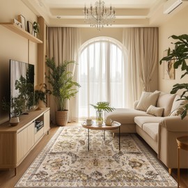 Bedroom Rug 5x7 Boho Rustic Retro Area Rug Vintage Tribal Floor Cover Machine Washable Indoor Carpet Non Slip Low Pile Accent Rug for Dining Room Home Office Study Living Room(Beige and Yellow,5x7ft)