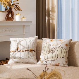 DN DECONATION Autumn Cushion Cover, 45 x 45 cm, Set of 2, White Cushion Covers, Pumpkin Decorative Cushion Covers, Sofa Cushion, Autumn Decoration, Indoor Pumpkin Cushion for Living Room, Couch