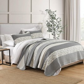 SOElinens Striped Quilt King Size - Gray Quilt Set with Matching Shams, Vintage Vine Design Farmhouse Bedding Bedspread, 3 Pieces 100% Cotton Lightweight Coverlet Home Decor for All Season