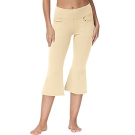 Cakulo Women's Plus Size Capris Pants Yoga Flare High Waist Bootcut Stretch Jean Casual Palazzo Cream Bottoms Knee Flared Leggings with Pockets Beige S