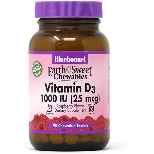 Bluebonnet Nutrition Earth Sweet Vitamin D3 1000 IU Chewable Tablets, Aids in Muscle and Skeletal Growth, D3, Non GMO, Gluten, Free, Soy Free, Milk Free, Kosher, 90 Chewable Tablets, Raspberry Flavora