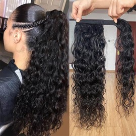 Water Wave Ponytail Extensions Human Hair Magic Paste Curly Wave Natural Black Ponytail Brazilian Wrap Around Pony Hair Extensions Remy Human Hair 16 Inch