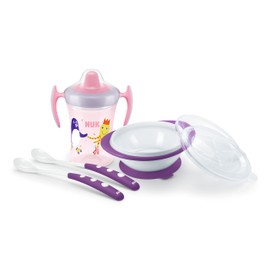 NUK Learning to Eat Set | Trainer Cup (230 ml) | Learning to Eat Bowl & Feeding Spoon | from 6 Months | BPA-Free | Purple | 4 Pieces