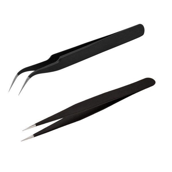2 Pcs Eyelash Extension Tweezers Straight & Curved Black Tweezers