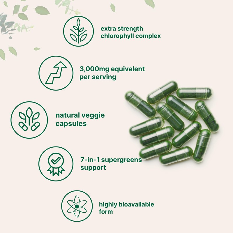 Chlorophyll 3,000mg Equivalent | 240 Veggie Capsules with Parsley, Peppermint,