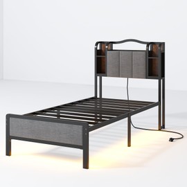 AROMUSTIME Twin XL Size Bed Frame with Upholstered Headboard & Footboard, Metal Bed Frame with LED Lights & Charging Station, No Box Spring Needed, Noise-Free Easy Assembly, Large Under Bed Storage
