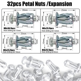 Coffee Life Plus® Pack of 32 Expansion Screw Petal Nuts, Jack Nuts, M4, M5, M6, M8 Thin Fixings Dowels, Hollow Mounting Material Screws Assembly (Mixed (32 Pieces)