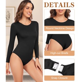 TOMEEK Body Women's Long Sleeve Tummy Control Bodysuit Shapewear Women's Elegant Body Shaper Long Sleeve Body Crew Neck Ribbed Women's Body Thong, black