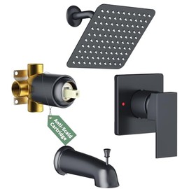 SunCleanse Tub Shower Faucet Set with Pressure Balance Valve, 8-Inch Rain Shower Head and Tub Spout, Single-Handle Shower Trim Kit, Shower Head and Handle Set for Bathroom, Matte Black