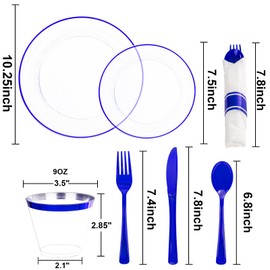 SUT 350 Pcs Blue and Clear Plastic Dinnerware Set for 50 Guests, Include: 50 Dinner Plates, 50 Dessert Plates, 50 Pre Rolled Napkins With Silverware, 50 Cups, Disposable Plates for Party, Wedding