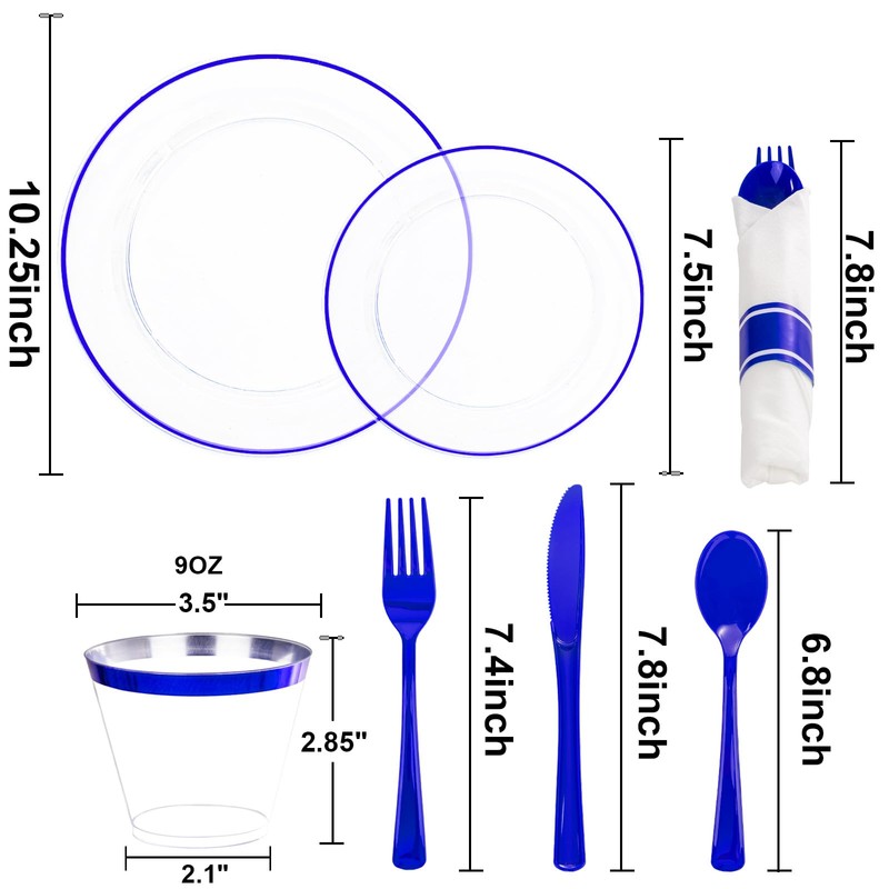 SUT 350 Pcs Blue and Clear Plastic Dinnerware Set for