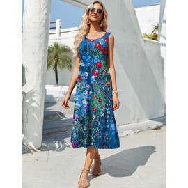 Zeagoo Women's Casual Sleeveless Midi Dress Loose Crew Neck Floral Flowy A-Line High Waist Tank Sundress with Pockets