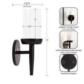 Kate and Laurel Shae Transitional Wooden Wall Sconce, 5 x 5 x 13, Black, Modern Candle Holder with Removable Glass Cylinder for Flameless Pillar Candles in Bedroom or Entryway