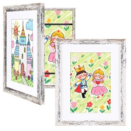 KINLINK 8.5x11 Kids Art Frames Set of 2, Solid Wood Kids Artwork Frames Changeable with Acrylic Front Opening Holds 150 Pictures, Art Frame for Kids Artwork with Mat or without Mat, Rustic White