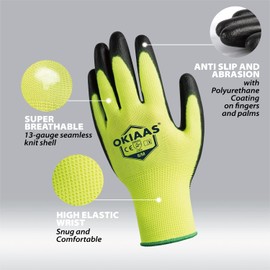 OKIAAS Work Gloves for Men，Ultra Thin and Lightweight Working Gloves with Grip, 12 Pairs Bulk Pack Construction Gloves with Polyurethane Coating, Safety Gloves for Light Duty Work (Green, Medium)