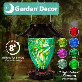 LUJII Solar Powered Color Changing Hummingbird Feeder for Outdoors Hanging, Hand Blown Glass Reservoir, 32 fl.oz, Never Leak, Illuminated Lantern for Garden Decor, for Bird Lover (Teal)