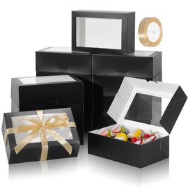 COTOPHER 10Pcs Cookie Boxes with Ribbons, 9x6x3 Inch Bakery Boxes with Window, Black Treat Containers for Pastries, Chocolate Covered Strawberries, Dessert, Easter Candy, Muffins, Donuts