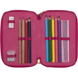 Beckmann, 3 Compartments Pencil Case with Contents, Pencil Case, Primary School, 1st Grade, cherry, Key case