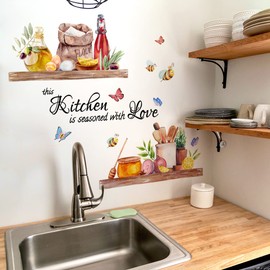 FUFUQUARE Kitchen Wall Stickers Inspirational Quote This Kitchen is Seasoned with Love Wall Art Decals Food Butterflies Bee Peel and Stick for Dining Room Restaurant