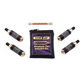 Stop & Go 1090 7 Piece Tire Inflation Kit with CO2, Hose, Sleeve & Storage Bag for Flats on Motorcycle, ATV, Lawn Mower, Golf Carts, & Utility Trailers (4 Canisters)