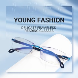 LUFF Fashion Rimless Reading Glasses For Women,Blue Light Blocking Rectangle Readers For Men,Filter Uv Ray/Glare Computer Eyeglasses,Hd Lens Lightweight Quality Frames,With Glasses Case/ Glasses Cloth(1.0X)