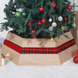 Jenaai 42 Inch Extra Large Tree Burlap Collar with Red Buffalo Plaid for 12ft Large Christmas Tree Xmas Tree Ring Christmas Tree Skirt for Holiday Party Decoration, Easy Set up