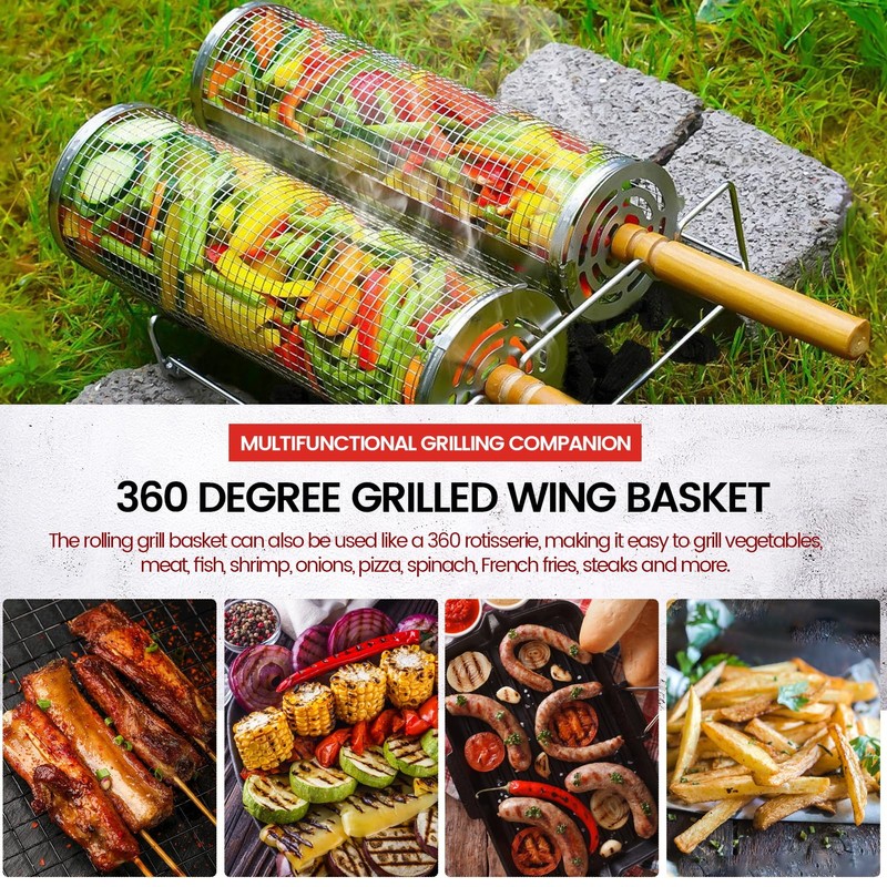 Rolling BBQ Grill Baskets, 2 Pieces, with Wooden Handle, Forks