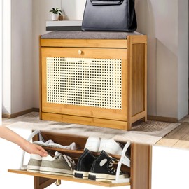 Memorywuu Rattan Small Entryway Bench with 2 Tie Flip Drawers Narrow Shoe Rack Bench for Wooden Shoe Organizer for Entryway Hallway Living Room Hallway Closet Rustic Oak Rattan