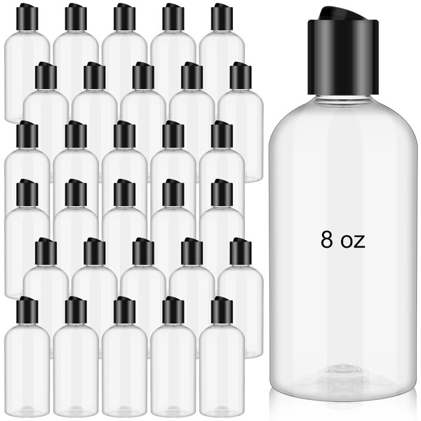 Irenare 30 Pieces 8 oz Travel Bottles with Black Disc Cap Refillable Clear Plastic Squeeze Empty Bottles Shampoo Travel Container for Body Wash Cream Lotion Conditioner Liquid Body Soap