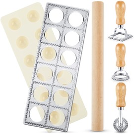 Geetery 5 Pcs Ravioli Mold Set 2 Inch Squares Ravioli Maker Cutter Include 1 Raviolis Maker Press 3 Pasta Cutter Stamp Makers 1 Wood Rolling Pin Pasta Making Tool for Home Kitchen Supplies (12 Holes)
