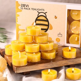 DEVI DEVI 15 Pack Pure Beeswax Tea Lights Candle 4 Hours, Tealight Candles Bulk, Bees Wax Votive Candles for Home-Burn Clean, Beeswax Wax Candle Decor for Home, Gifts