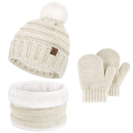 Bequemer Laden Toddler Kids Winter Warm Knit Beanie Hat Neck Warmer Scarf Gloves Set with Pompom Gifts for 0 1 2 3 4 Years Old Girls Boys