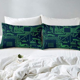 Green Geometry Bed Linen Set, Computer Networking Bed Linen Set, 135 x 200 cm, Information and Information Technology Bed Set for Children, Boys, Girls, Teenagers, 2 Pieces, Zip, Microfibre