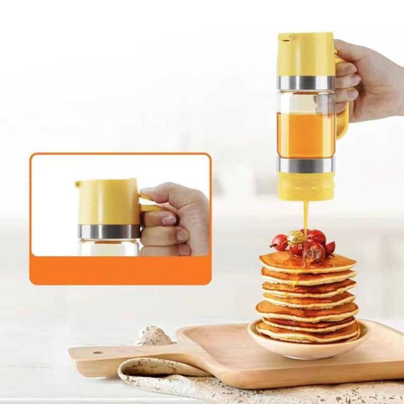 DDMMQS ガラス製ハニーディスペンサー、ハンドル付き9オンスのハニージャー、プレスタイプのシロップディスペンサー、家庭用密封ジャー、シロップボトル、ジャムボトル(ブラック)