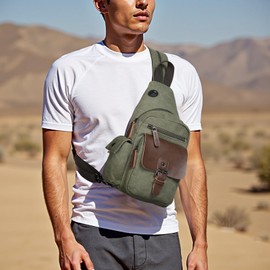 SUIKIHUM Canvas Sling Bag for Women Men, Crossbody Backpack Vintage, Shoulder Bag W/Leather Accents for Outdoor Cycling Hiking Travel, Army Green