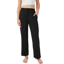 DAVID ARCHY Women's Pajama Pants Comfy Bamboo Rayon Wide Legs Lounge Pants PJ Pants Drawstring Sleep Bottoms with Pockets(L, Black)