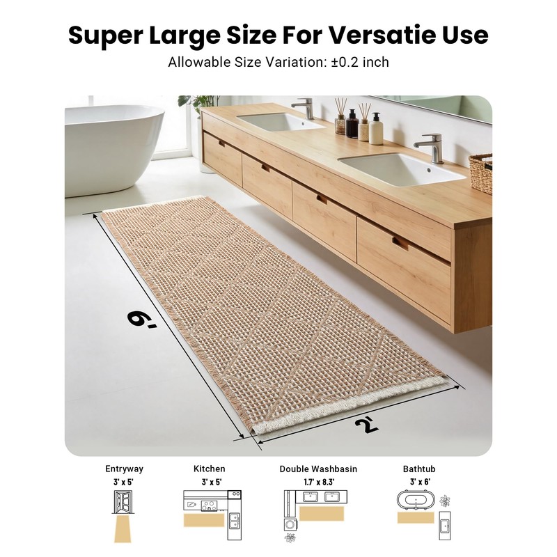 Large Bathroom Rugs 2' x 6', Long Runner Rug Waffle
