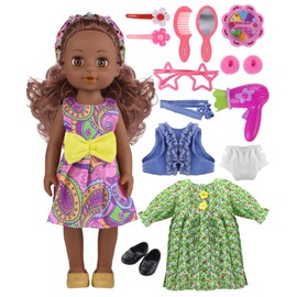 GAGAKU Black Doll for Girls, 14" Black Dolls Set for Girls 1 2 3 4 5 6 Years Old, Black Girl Baby Doll with Hair for Toddlers Kids, Including Doll Dress Clothes Outfits Hair Accessories