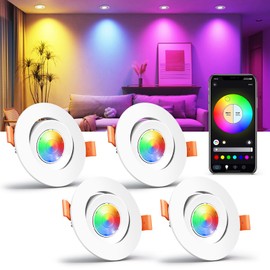 Smart 3 Inch LED Recessed Lighting, Ultra-Thin 60°Adjustable Downlight, 5W WiFi Compatible with Alexa and Google Home, Dimmable RGB & CCT 2700K-6500K, 120V Ceiling Light with LED Driver, 4 Pack