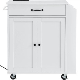 Fully-Enclosed White Rolling Kitchen Island Storage Cart with Charging Station Wheel-Bearing CabinetType: Fully-Enclosed Mobile Type, color: White Color