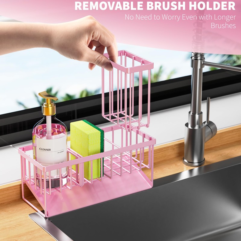 Cisily Pink Kitchen Sink Caddy Organzier with High Brush Holder,