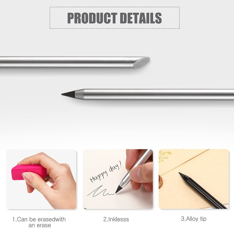2 Pieces Metal Inkless Pen Inkless Erasable Pencil Metallic Pencil