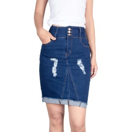 BodiLove Falda midi elástica para mujer, longitud media, debajo de la rodilla, ajuste a forma, color sólido con abertura en la espalda, Azul marino/flor y brillo, XL