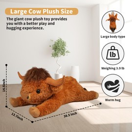 WDXDSOB 38.5 Inch Brown Giant Highland Cow Plush Stuffed Animal - Large Cow Pillow Gift for Kids and Adults, Couch & Bed Decor