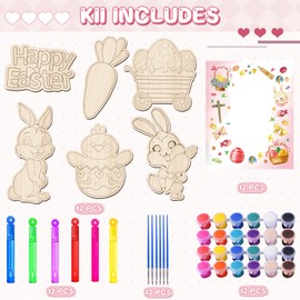 Yizeda Easter Party Favors Set 12 PCS Bunny Party Supplies with Bubble Sticks,Easter Day Bunny Cards with Wood Painting Craft Kits,for Kids School Boys Girls Gifts Exchanges