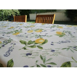 Rectangular tablecloth with lemon and olive motif, 100% cotton, size: 140 x 300 cm, made in Italy