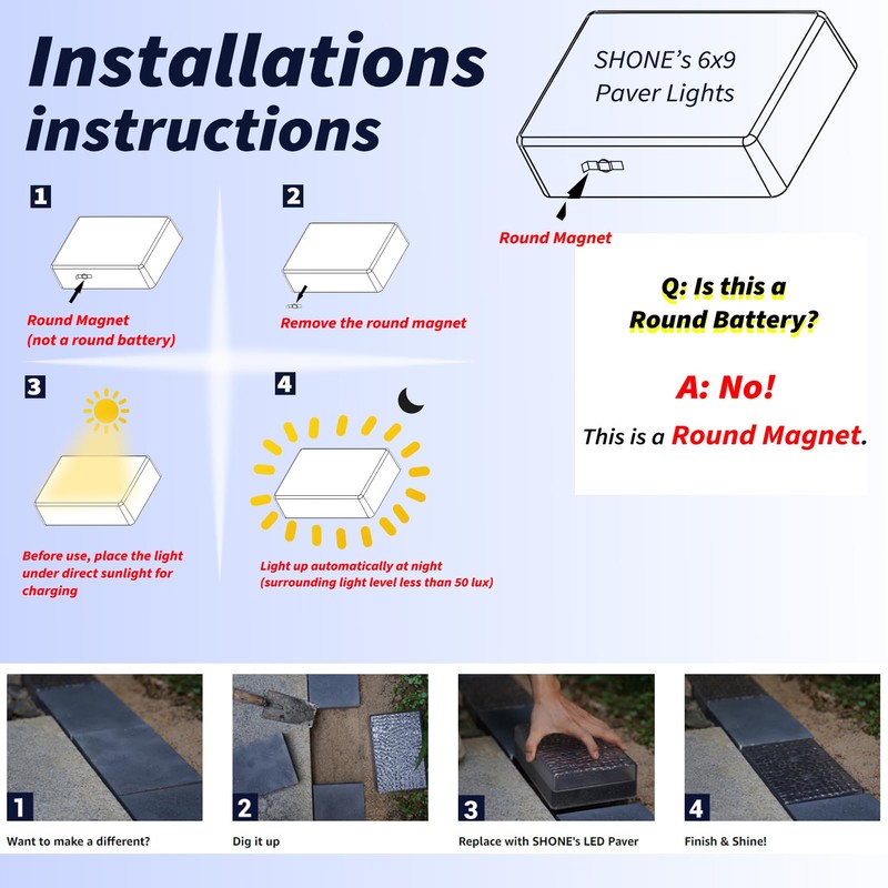 SHONELIGHTING Solar Paver Color Changing Lights, 6x9 Recessed Brick Light,