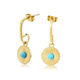Made by Nami Stainless Steel Earrings Gold Hanging with Sun Pendant and Turquoise Stone Boho Jewellery Women Waterproof, Stainless Steel, Turquoise