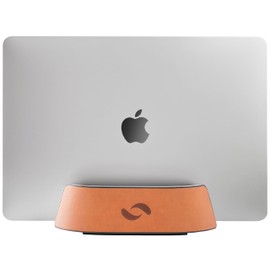 HumanCentric Vertical Laptop Stand in Vegan Cognac Leather, Upright Adjustable Holder and Dock, Laptop Vertical Stand Fits MacBook Pro and Other Laptops .5" to 1.5", Clamshell Compatible